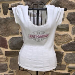 HARLEY DAVIDSON WHITE TEE WITH SILVER AND PINK JEWELED HD LOGO - SIZE M